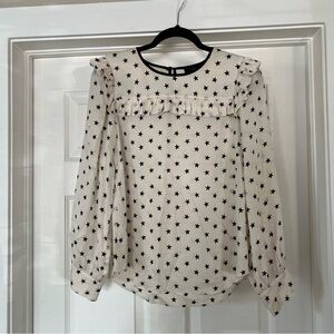 J. Crew Cream Silk Blouse with Black Star Pattern, Size 10